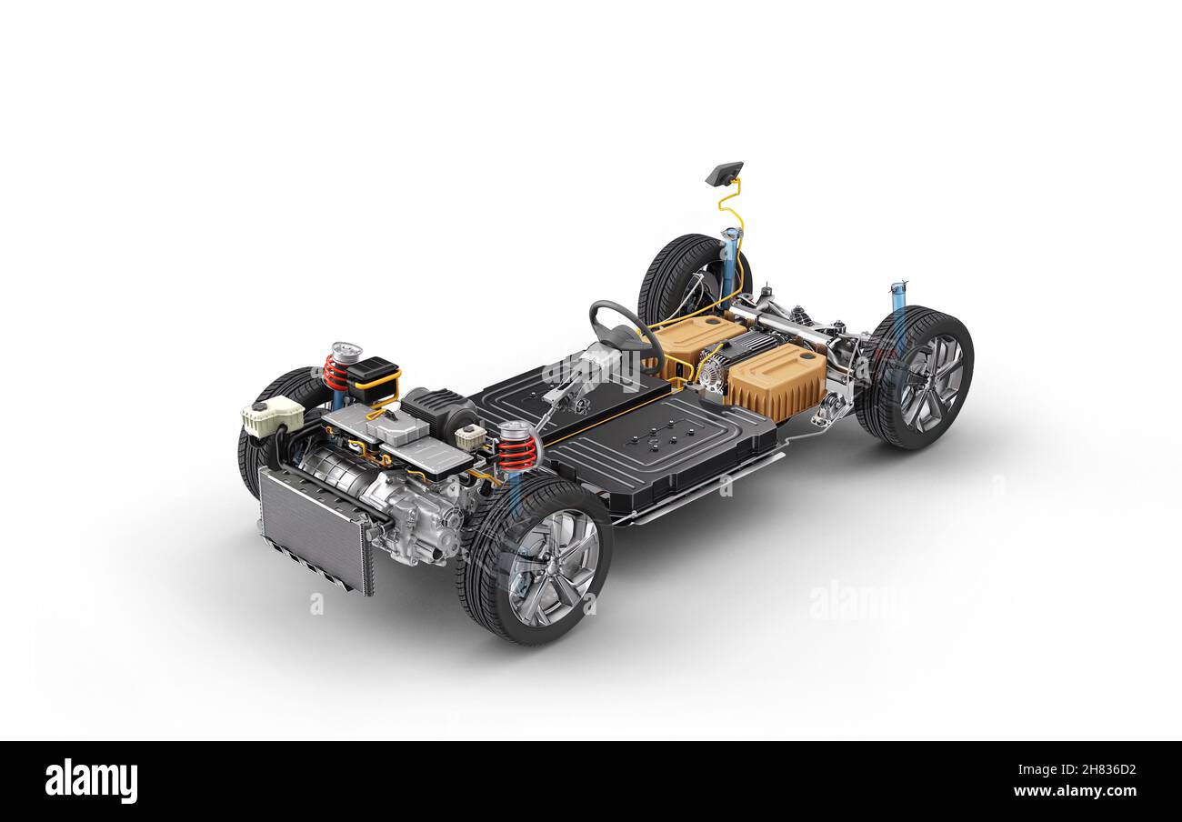 Elektroauto unter Fahrgestell. Alle wesentlichen Details des EV-Systems, auf weißem Hintergrund. Stockfoto