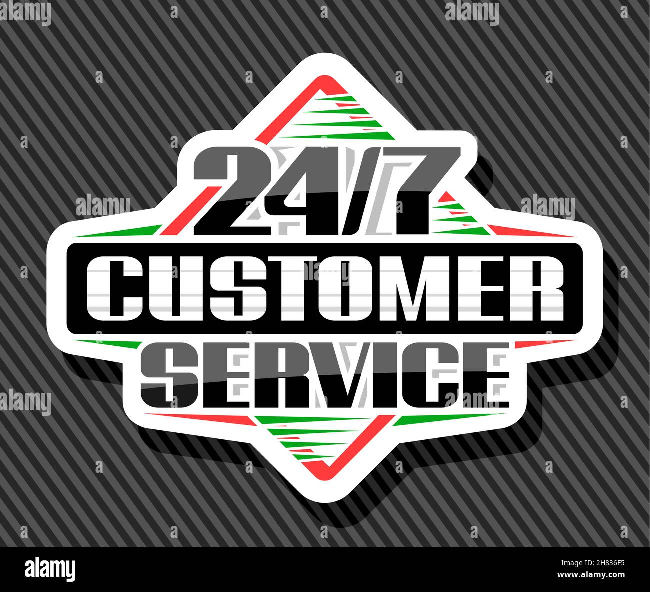 Vector Schild 24/7 Customer Service, weißes Dekoretikett mit einzigartigem Pinselschriftzug für schwarze Wörter 24/7 Customer Service, isoliertes Rhombus-Geschäft Stock Vektor
