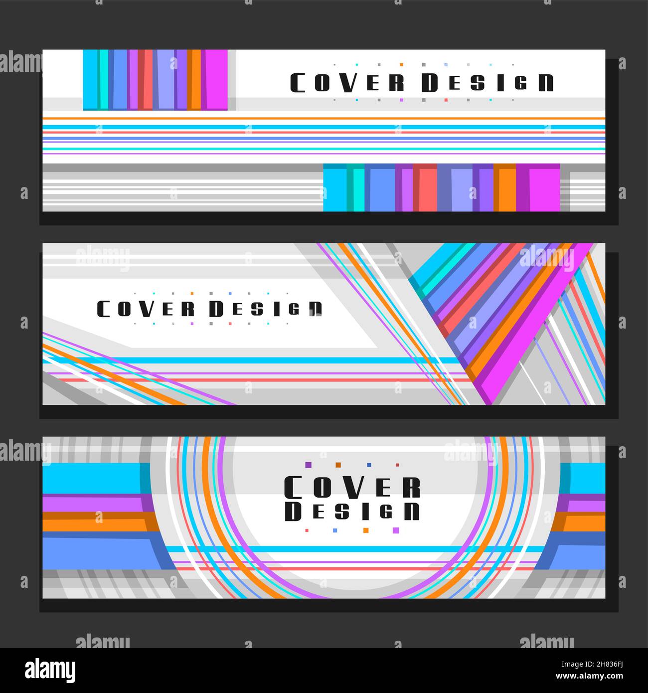 Vektor-Header-Set, 3 bunte Layouts mit dekorativen Design-Kreisen mit Platz für Werbetext, kreative Header-Vorlagen für Werbung, Horizont Stock Vektor
