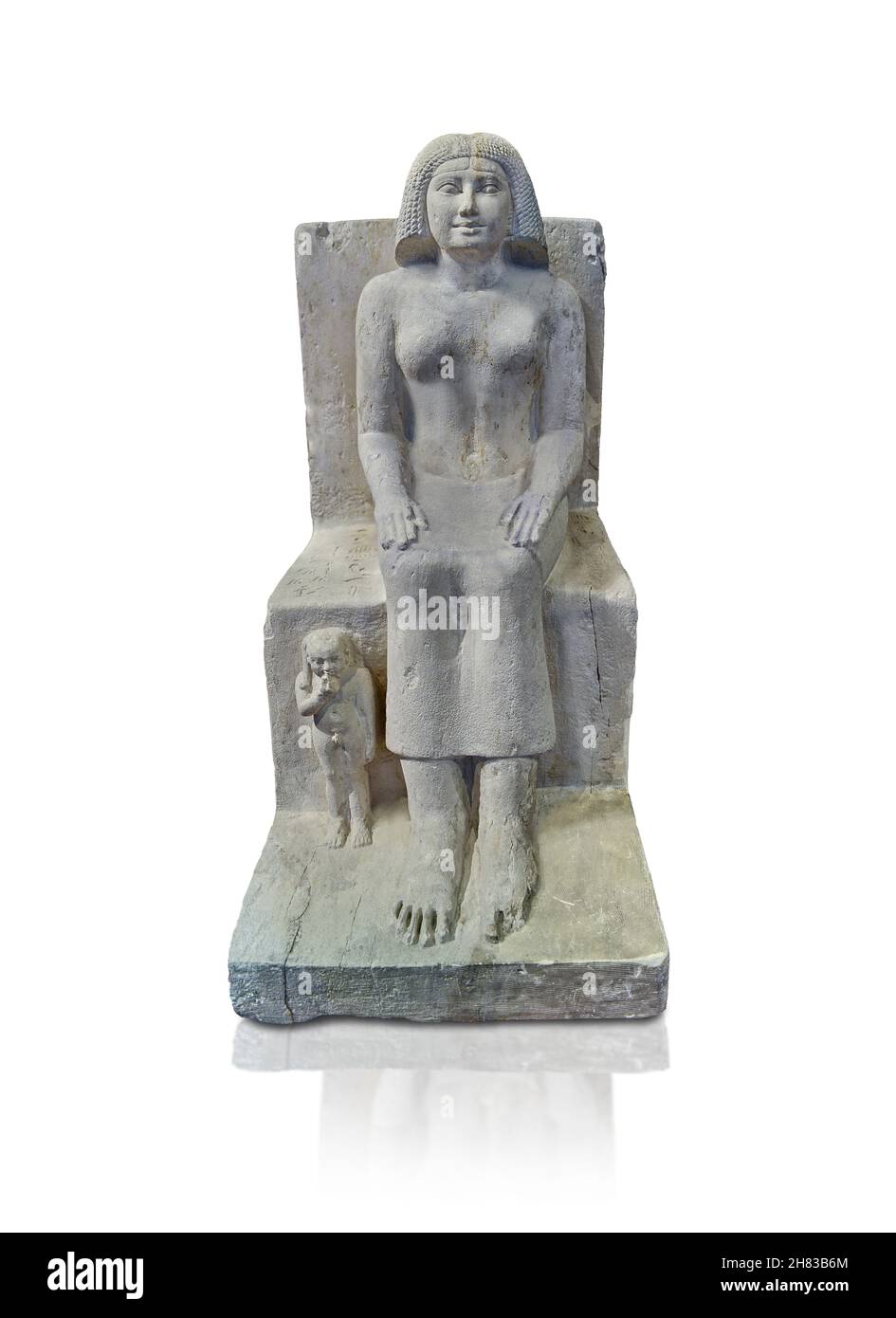 Alte gyptische Statue von Khent mit ihrem Sohn Rudju, 2450 v. Chr., 5th Dynastie, Gizeh Nekropolis. Kunsthistorisches Museum Wien Inv. AS 7507. Kalkstein, Stockfoto