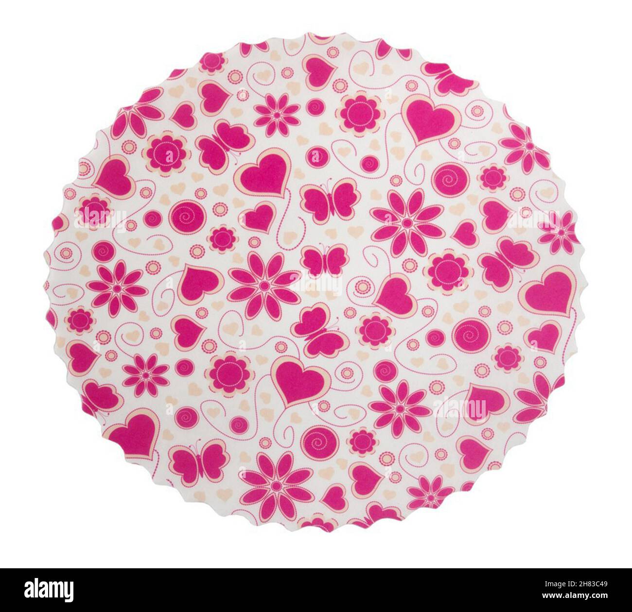 Runde Papier-Süßwarenserviette mit Herz- und Blumenmuster isoliert auf weißem Hintergrund Stockfoto