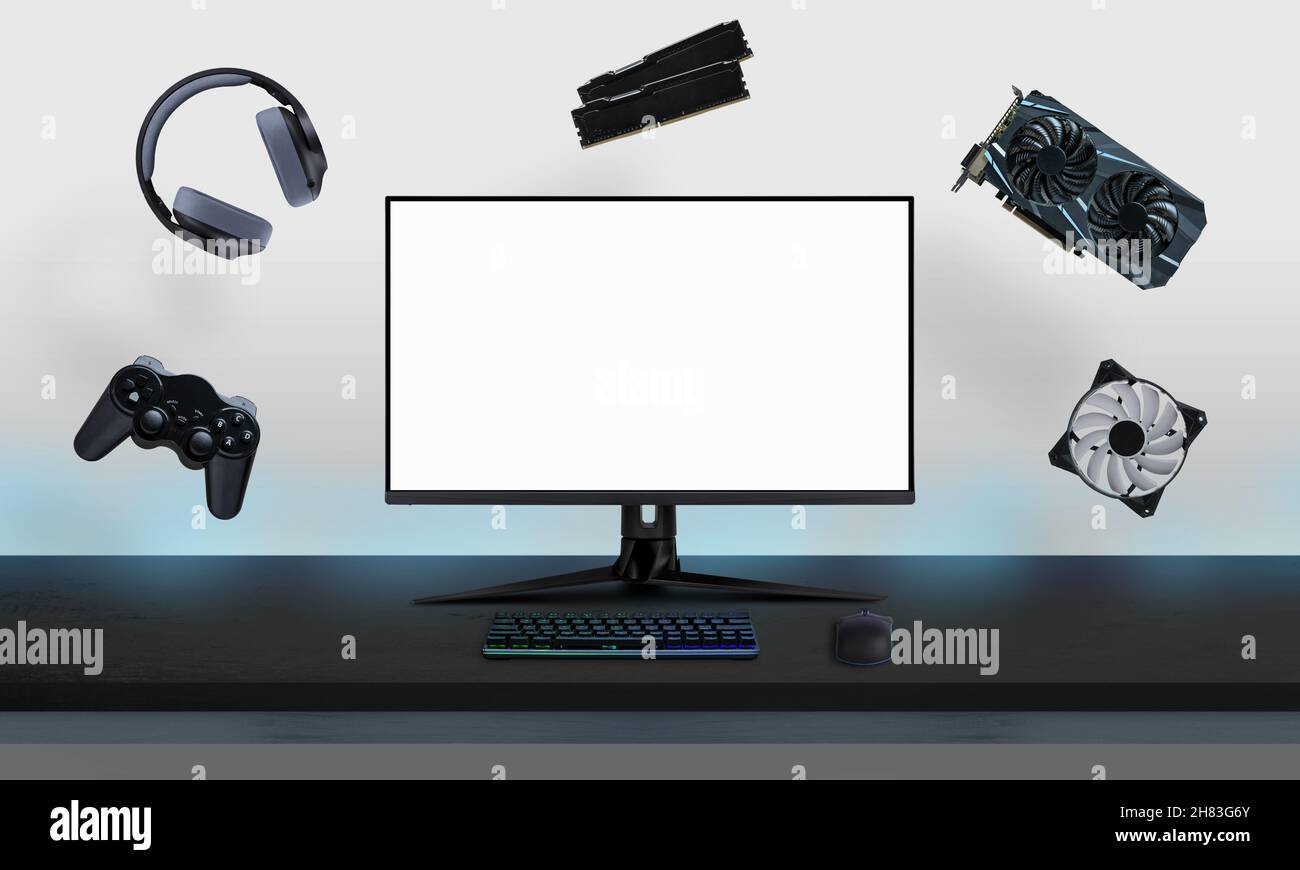 Gaming-Display mit isoalted Bildschirm für Mockup, Spiel-Präsentation, umgeben von schwebender Gaming-Hardware Stockfoto
