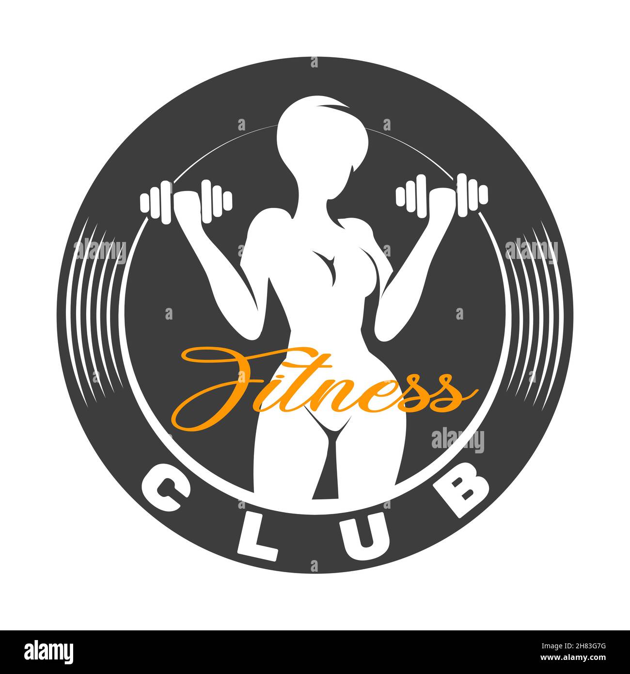 Logo oder Emblem des Fitnessclubs mit Frau-Silhouette. Frau hält Kurzhanteln. Isoliert auf weißem Hintergrund. Stock Vektor