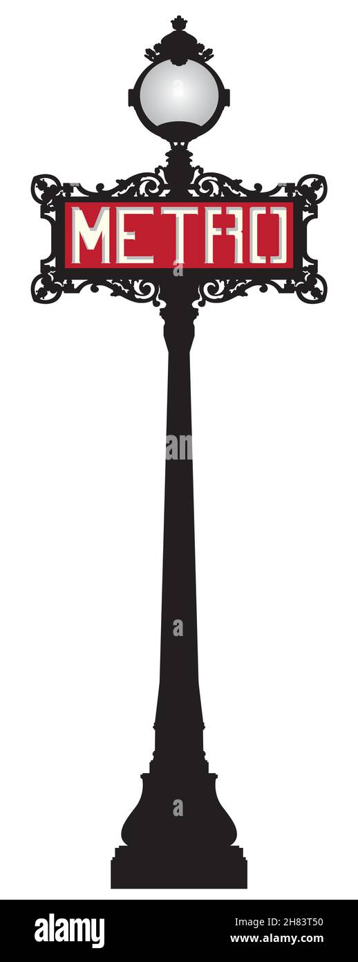 Verzierte rote Art déco-Einrichtung oder Art Nouveau Paris Metro Sign, Frankreich Stock Vektor