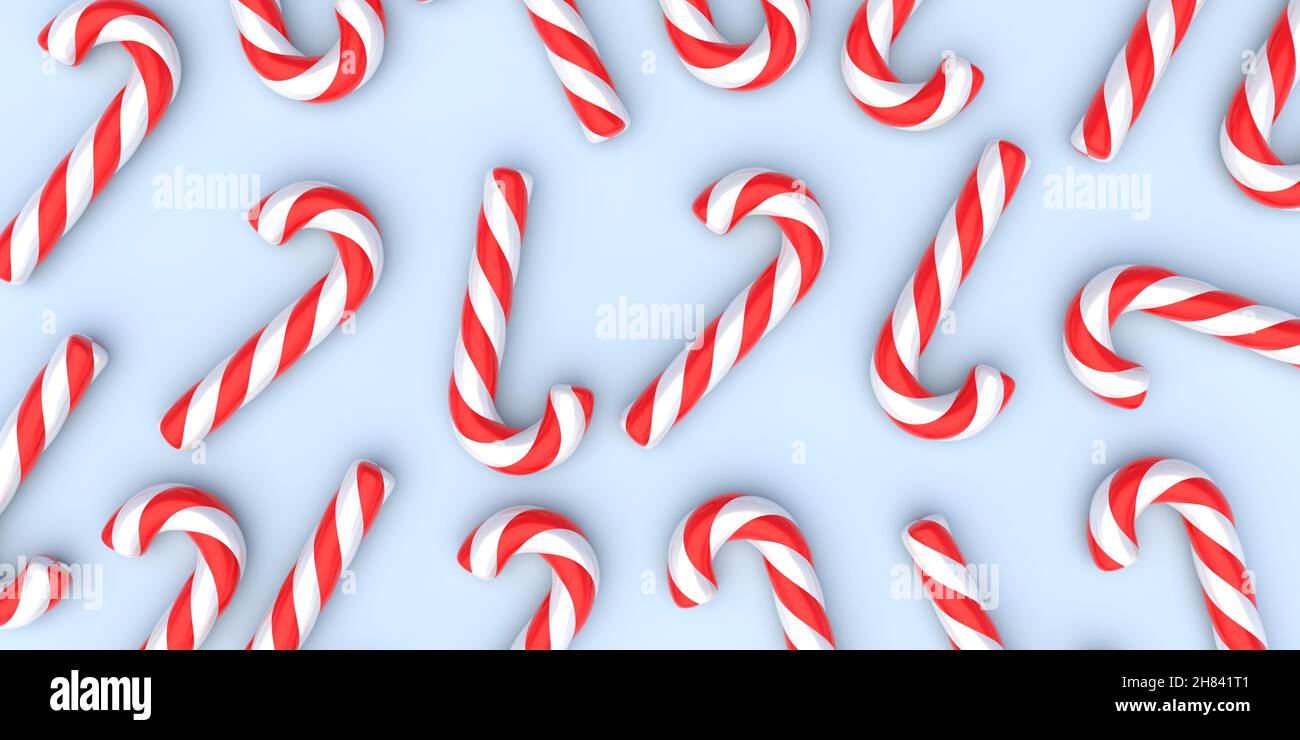 Weihnachtsbonbons auf pastellblauem Hintergrund. Merry Xmas Konzept. Pfefferminzrot weiß gestreift traditionelle Kinder Bonbons flach Lay, Muster. 3D Abb. Stockfoto