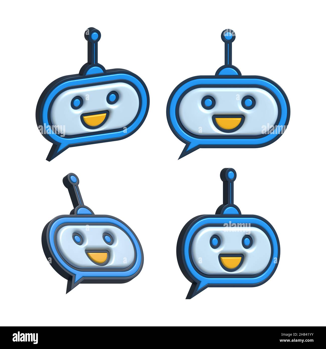Niedlichen lächelnden Roboter in den Händen. Moderne flache Cartoon-Figur Illustration. Voice Support Service bot Stockfoto