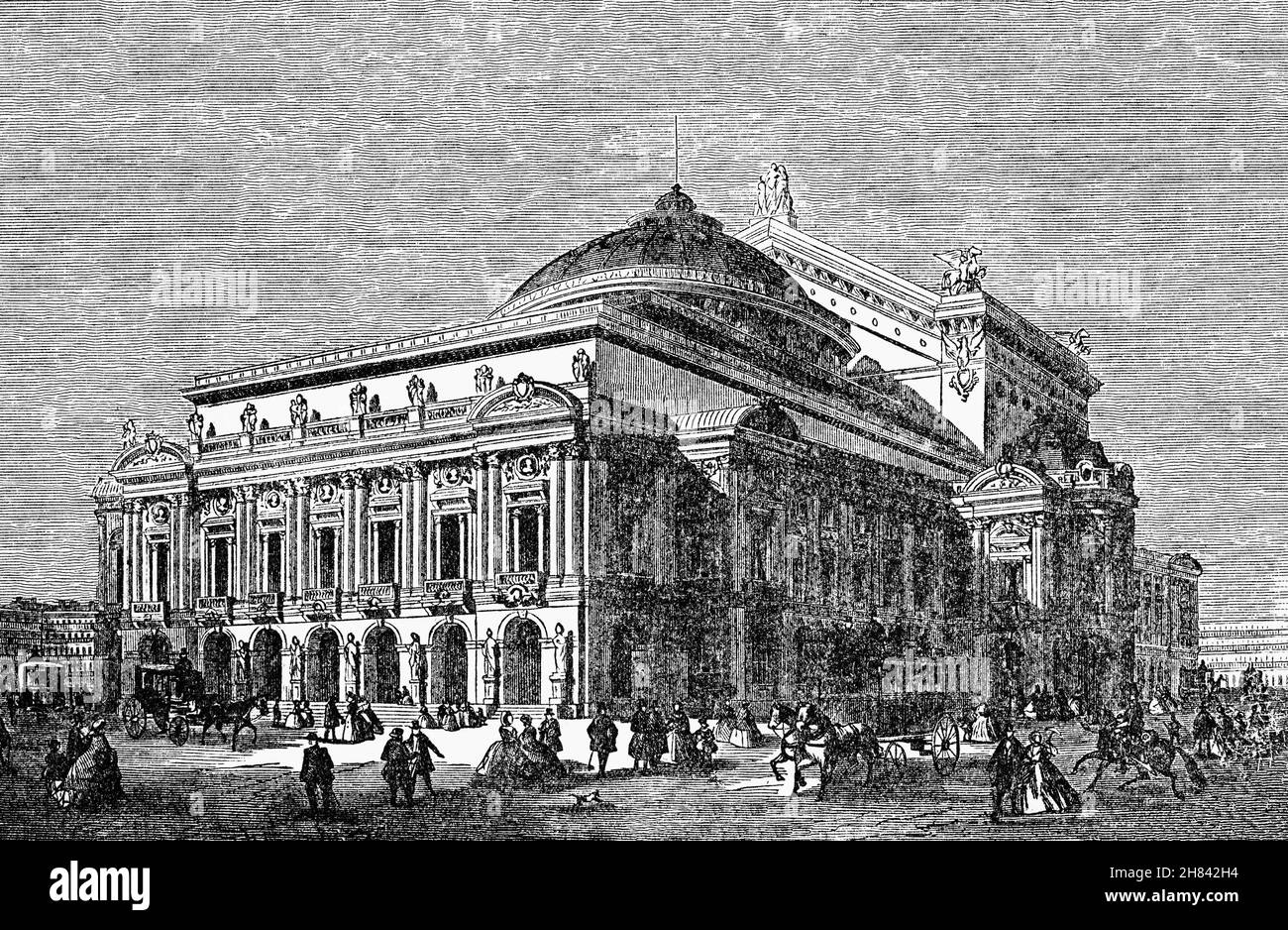 Eine Illustration des Äußeren des Palais Garnier alias Opéra Garnier aus dem späten 19th. Jahrhundert, dem Opernhaus am Place de l'Opéra im 9th. Arrondissement von Paris, Frankreich. Es wurde von 1861 bis 1875 auf Geheiß von Kaiser Napoleon III. Vom Architekten Charles Garnier für die Pariser Oper erbaut. Stockfoto