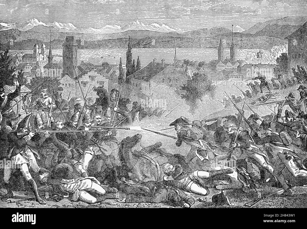 Eine Illustration der Schlacht von Zürich (25.–26. September 1799) aus dem späten 19th. Jahrhundert, einem wichtigen Sieg der republikanischen französischen Armee in der Schweiz unter André Masséna über eine von Alexander Korsakov bei Zürich kommandierte österreichische und russische Armee. Sie brach die Pattsituation, die drei Monate zuvor aus der ersten Schlacht von Zürich hervorgegangen war, und führte zum Rückzug Russlands aus der Zweiten Koalition. Die meisten Kämpfe fanden an beiden Ufern der Limmat bis zu den Toren Zürichs und innerhalb der Stadt selbst statt. Stockfoto