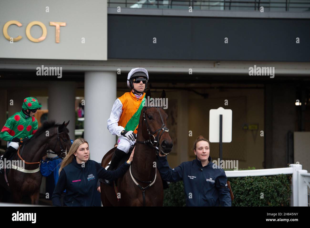 Ascot, Bergen, Großbritannien. 19th. November 2021. Jockey Paddy Brennan auf dem Pferderücken zieht wieder Green geht auf die Rennstrecke in Ascot, um im Ascot Shop National Hunt Maiden Hurdle Race in Ascot zu Rennen. Quelle: Maureen McLean/Alamy Stockfoto