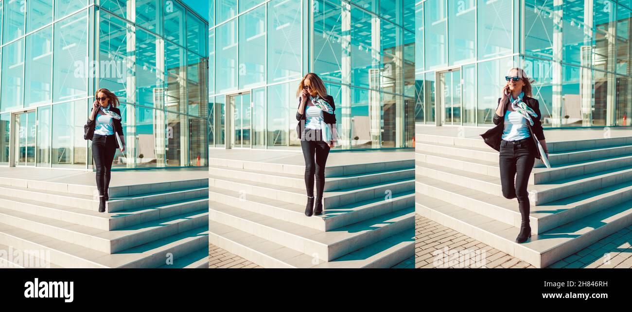 Mehrere Fotos von jungen, beschäftigten Geschäftsfrau, die vor dem Bürogebäude geht und an dem Konzept von „Move“ arbeitet Stockfoto