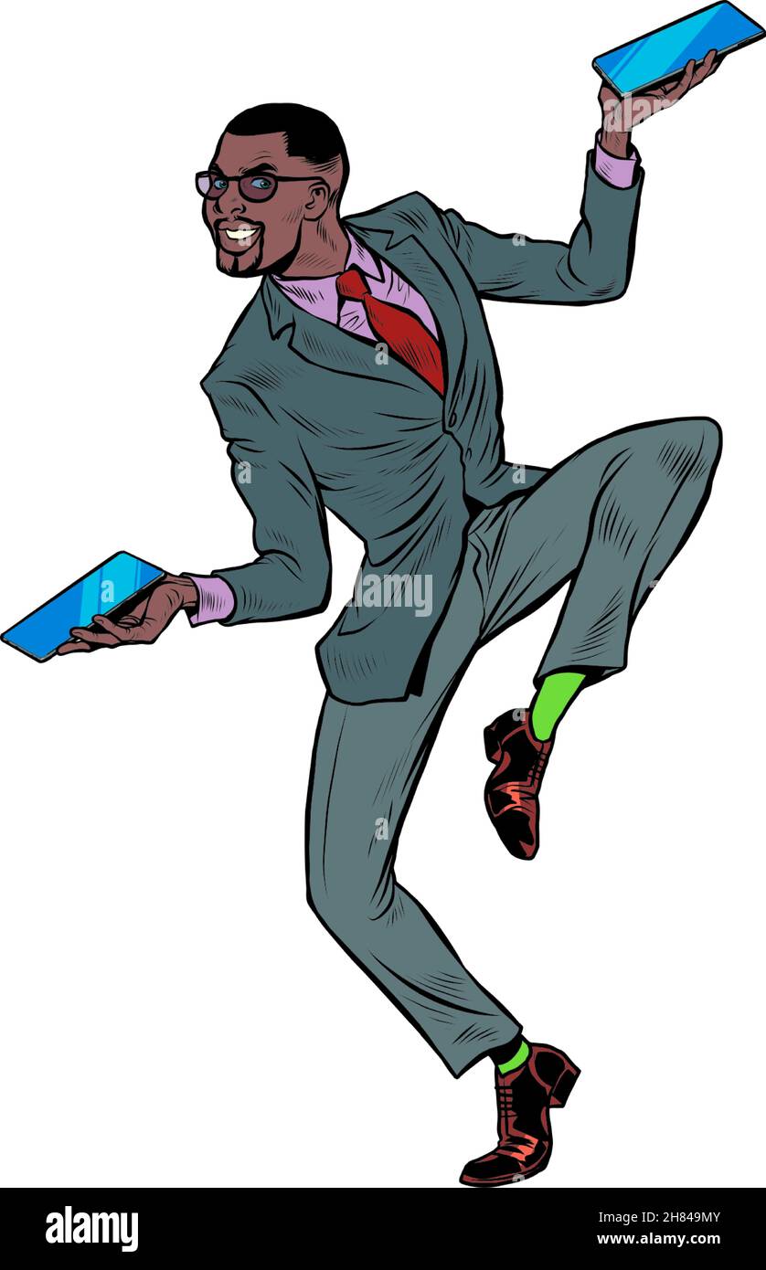 afrikanischer Geschäftsmann mit zwei Smartphones, lustige Tanzpose der Freude Stock Vektor