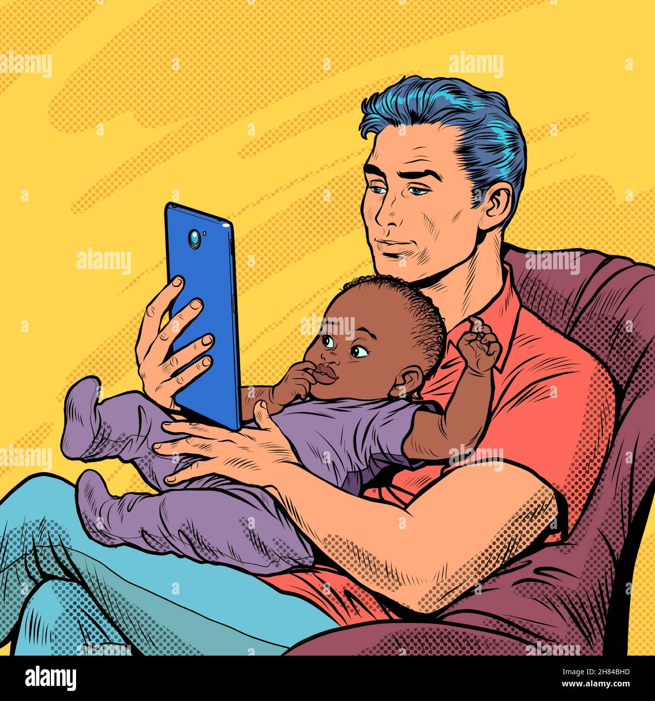 Weißer Mann mit schwarzem Baby, ein Vater und ein Kind. Multiethnische Familie. Hausaufgaben, Liebe und Fürsorge Stock Vektor