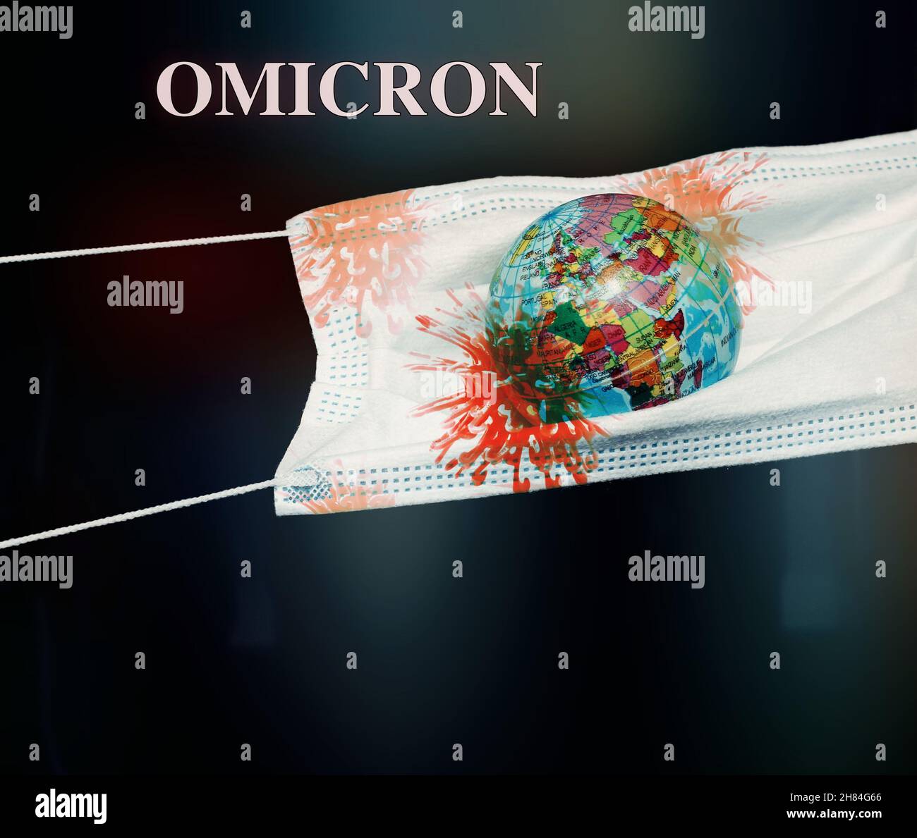 Kugel in einer chirurgischen Maske mit dem Zellvirus. Auf schwarzem Hintergrund. Stockfoto