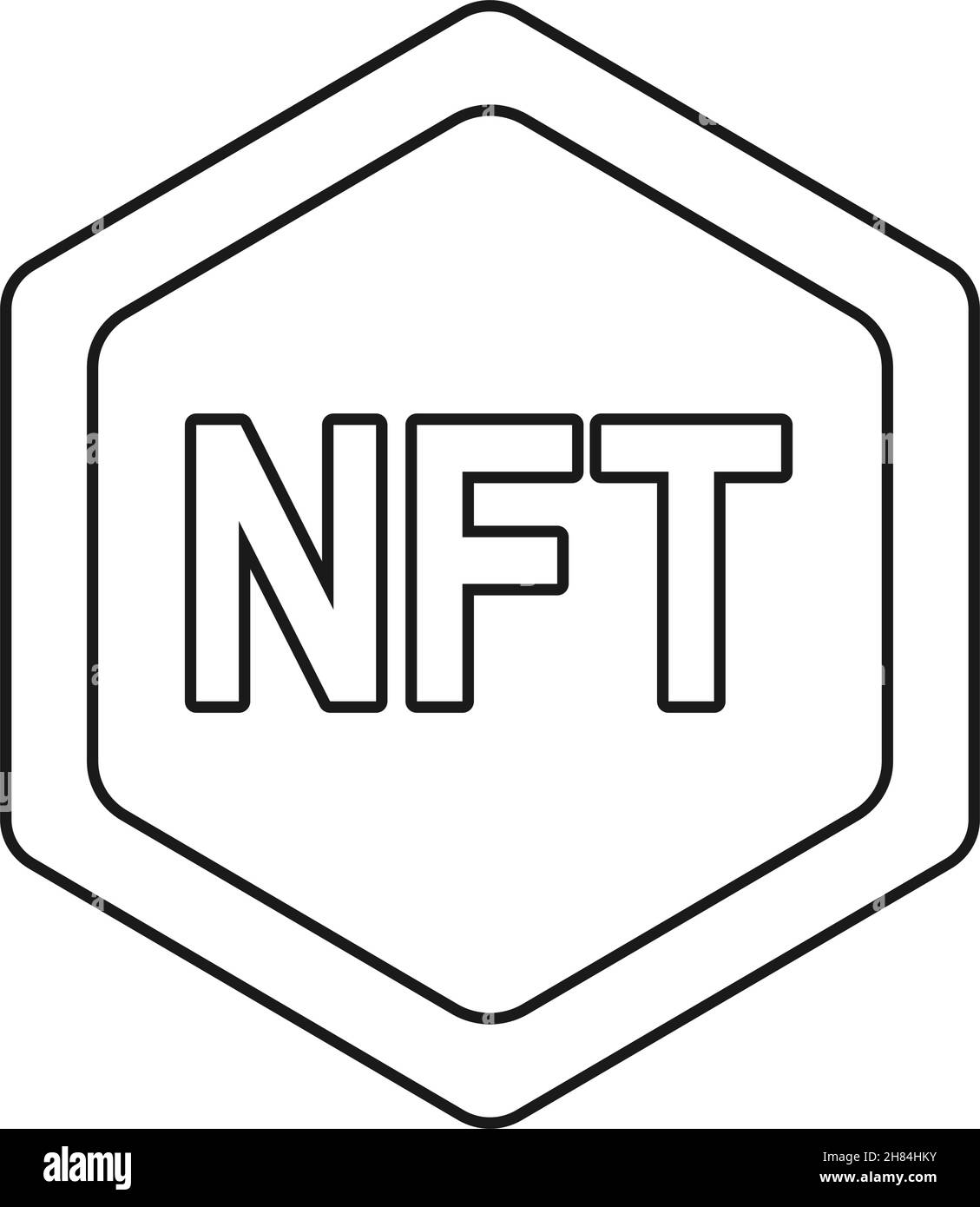 NFT oder nicht-fungible Marke als sechseckige Münzumrandung im Vektorsymbol Stock Vektor