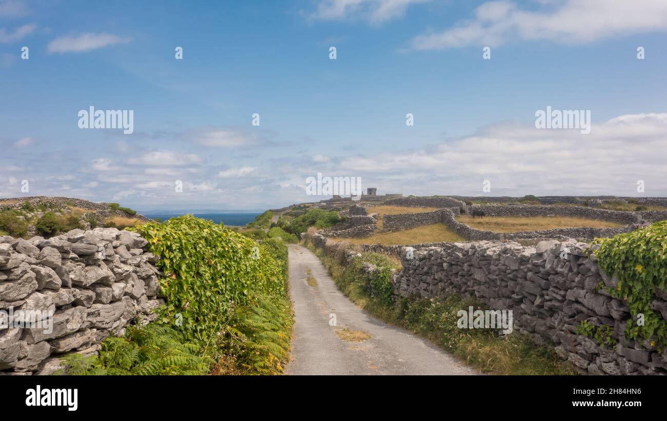 Eine ruhige Landstraße und Steinmauern auf Inisheer (Inis Oirr), der kleinsten der Aran-Inseln vor der Küste von Galway im Westen Irlands. Stockfoto