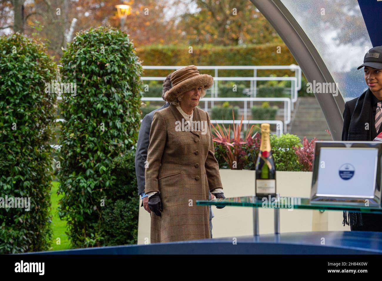 Ascot, Bergen, Großbritannien. 20th. November 2021. Camilla, Herzogin von Cornwall und Präsidentin des Ebony Horse Clubs in Brixton, unterhielt sich mit Jugendlichen des Ebony Horse Clubs, der jungen Menschen hilft, Reiten zu lernen und ihnen Selbstvertrauen zu geben. Nachdem der „Limited Handicap Steeple“ des Ebony Horse Clubs von Jockey Bryony Frost auf Pferd Jeremy Pass gewonnen wurde, hielt die Herzogin die Präsentation vor dem Bräutigam des Pferdes, einem Vertreter von Trainer Paul Nicholls und dem siegreichen Jockey Bryony Frost in Begleitung von Mitgliedern des Ebony Horse Clubs Credit: Maureen McLean/Alamy Stockfoto