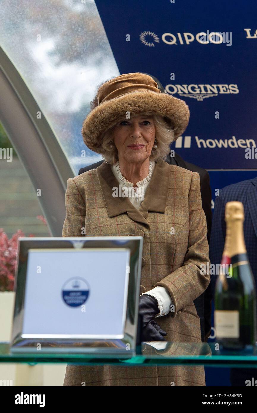 Ascot, Bergen, Großbritannien. 20th. November 2021. Camilla, Herzogin von Cornwall und Präsidentin des Ebony Horse Clubs in Brixton, unterhielt sich mit Jugendlichen des Ebony Horse Clubs, der jungen Menschen hilft, Reiten zu lernen und ihnen Selbstvertrauen zu geben. Nachdem der „Limited Handicap Steeple“ des Ebony Horse Clubs von Jockey Bryony Frost auf Pferd Jeremy Pass gewonnen wurde, hielt die Herzogin die Präsentation vor dem Bräutigam des Pferdes, einem Vertreter von Trainer Paul Nicholls und dem siegreichen Jockey Bryony Frost in Begleitung von Mitgliedern des Ebony Horse Clubs Credit: Maureen McLean/Alamy Stockfoto