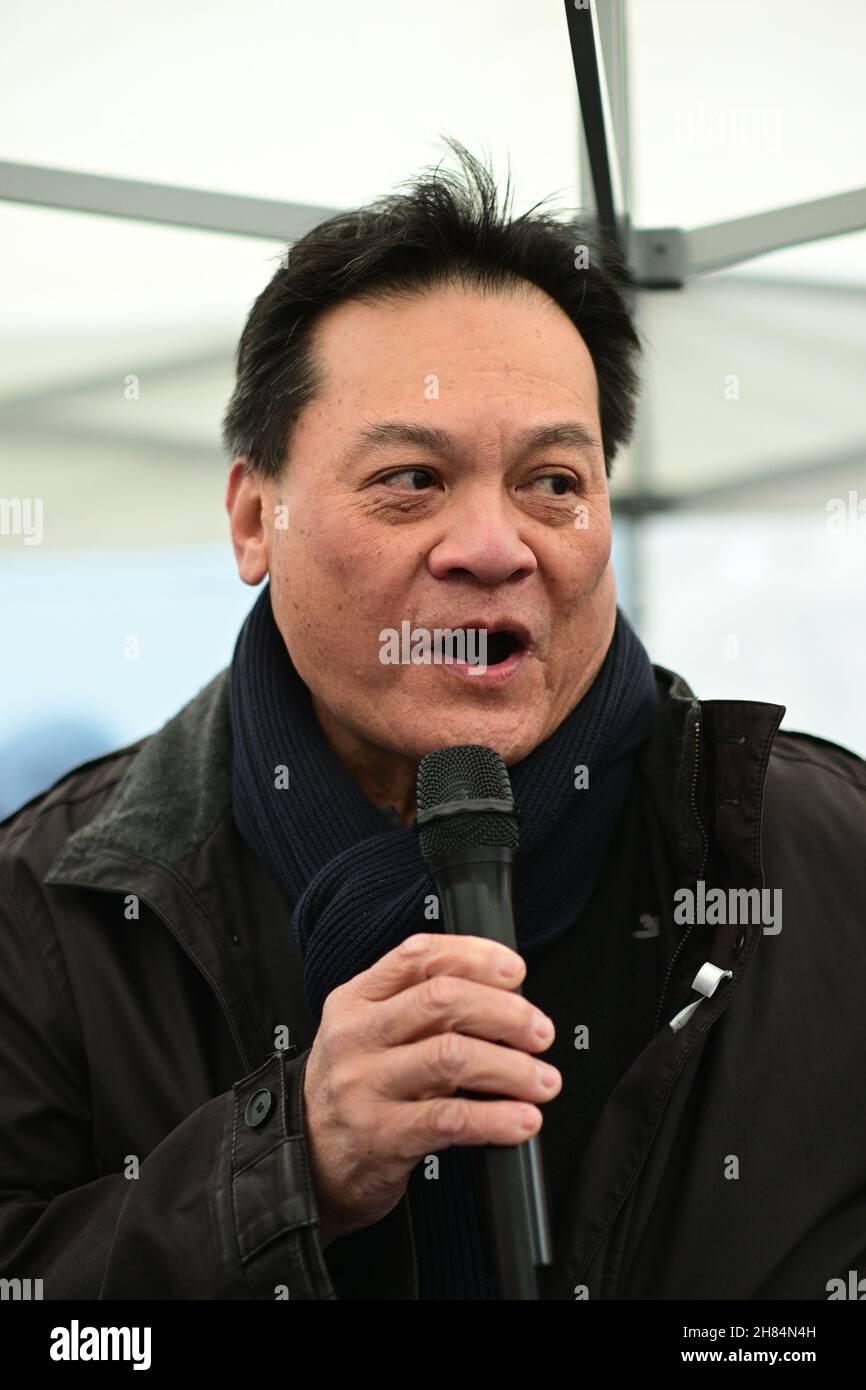 Kundgebung von Asiaten und Freunden, Nein zum neuen Kalten Krieg - Stoppt Rassismus - Stoppt asiatischen Hass, Chinatown London am 27th. November 2021. Stockfoto