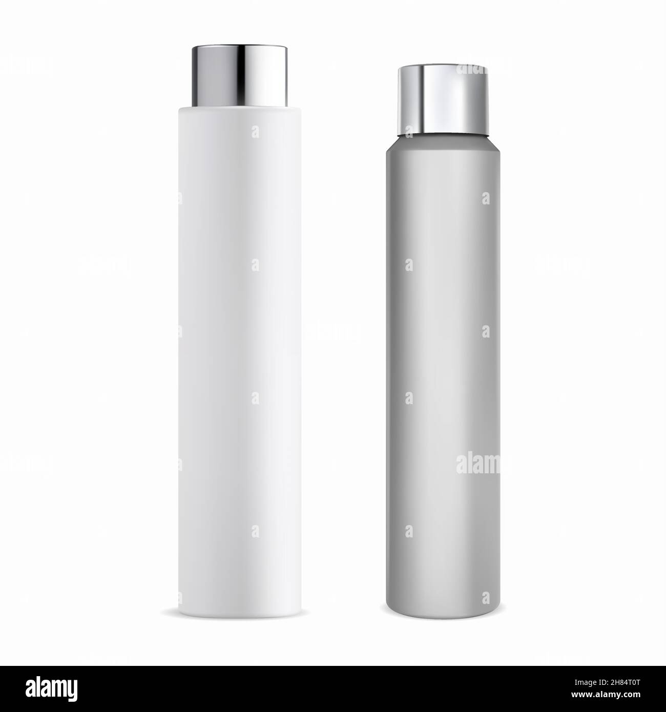 Flasche mit Kosmetikartikeln. Modell der röhrenförmigen Kunststoffflasche. Weiße Shampoo-Flasche mit silberner Kappe, Beauty-Kosmetik-Produkt leer. Toner oder Feuchtigkeitscreme Stock Vektor