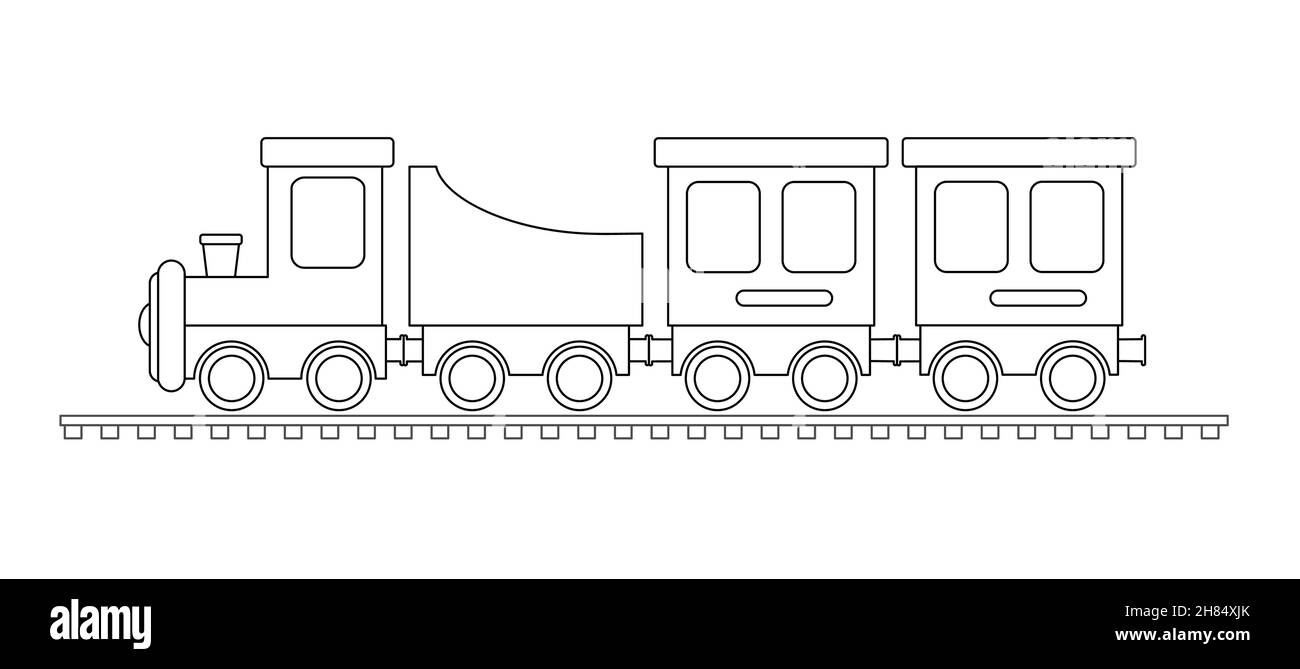 Dampflokomotive für Kinder. Eine leere Kontursilhouette eines Zuges mit Autos zum Ausmalen von Büchern, Scrapbooking und kreativer Gestaltung. Flacher Style. Stock Vektor