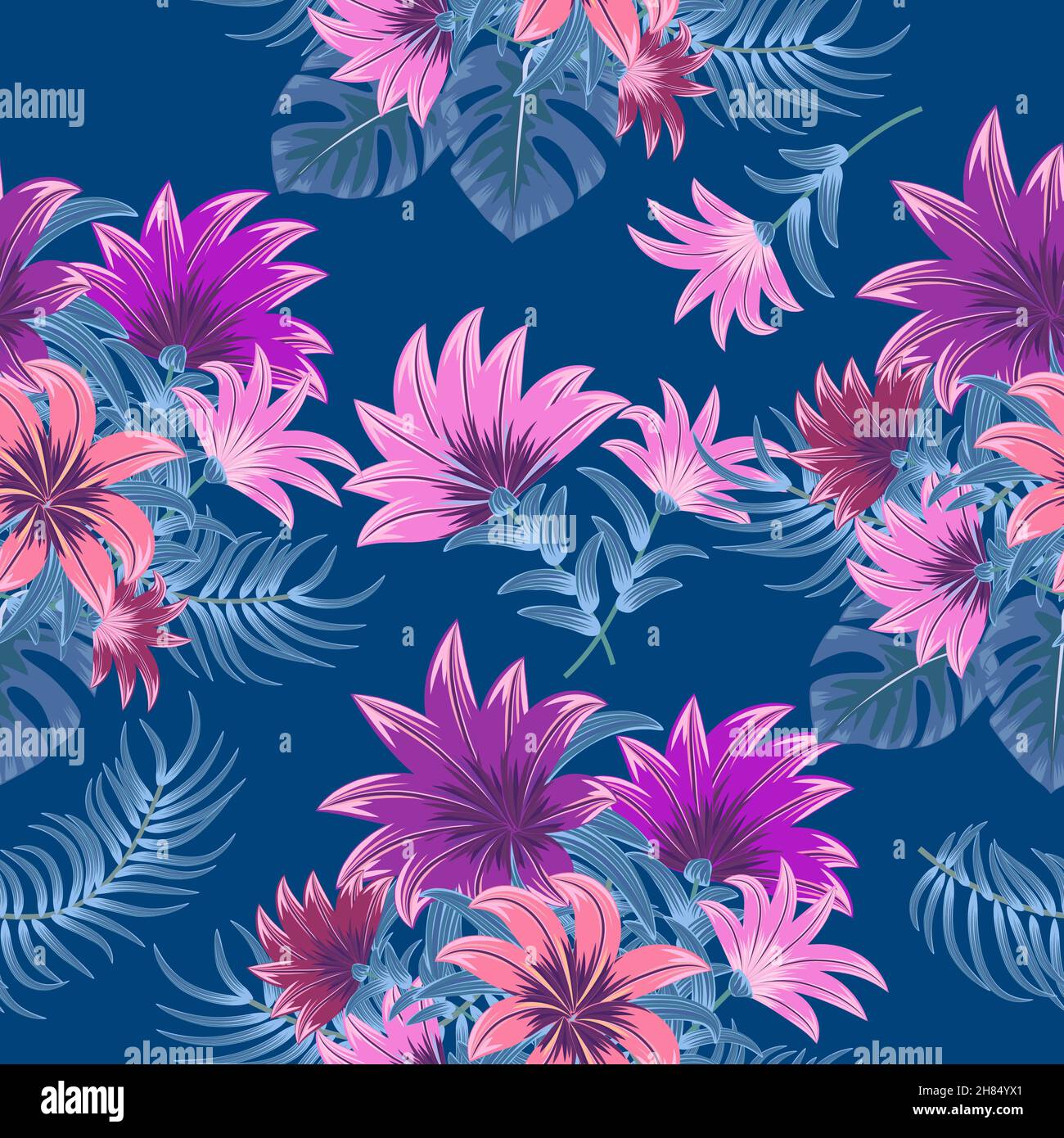 Nahtloses Muster mit blauen tropischen Palmblättern und rosa Blüten auf dunkelblauem Hintergrund. Florale dekorative Illustration Vektor, für Druck-Design Stock Vektor