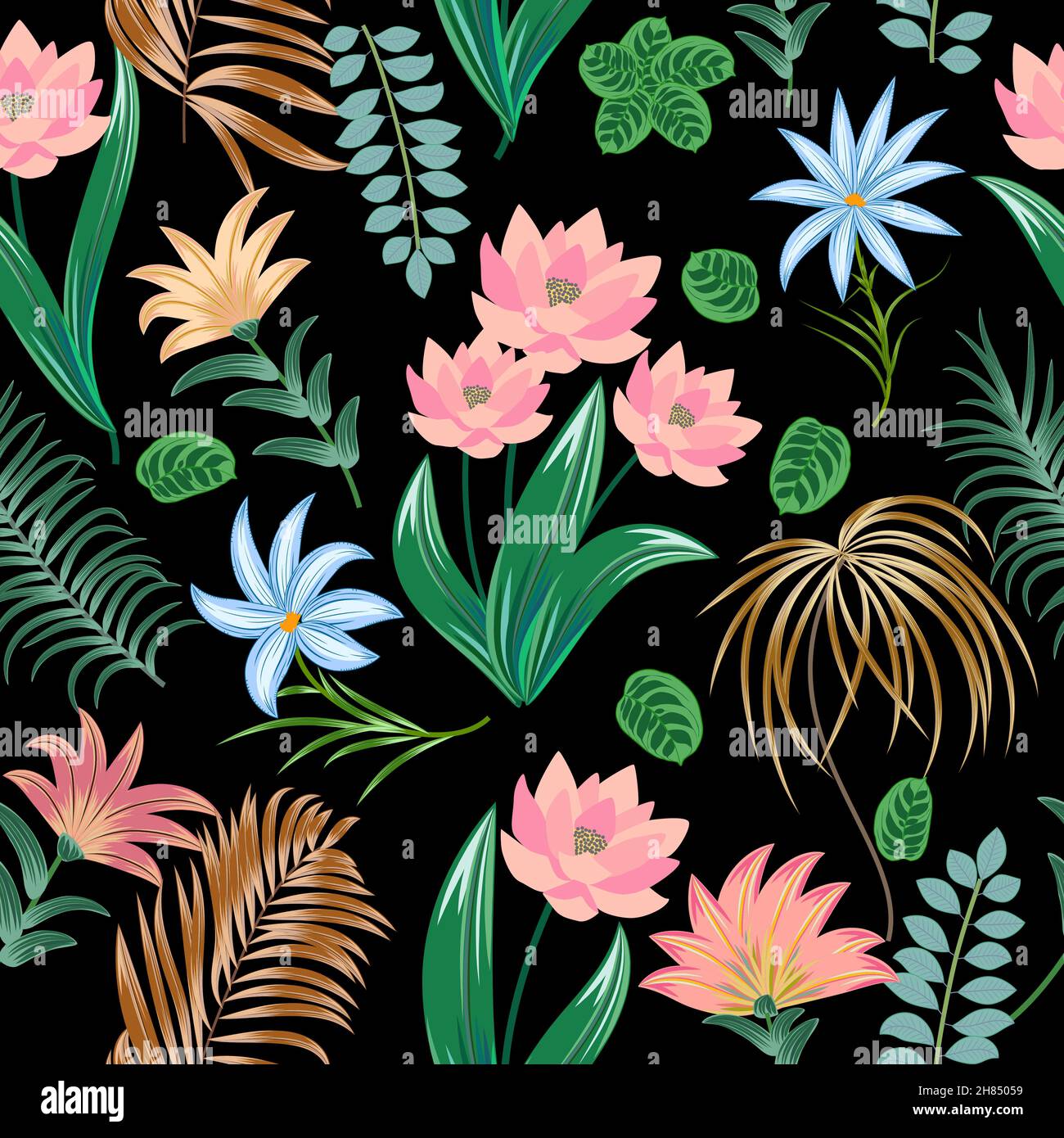 Nahtloses Muster mit Blumen und tropischen Palmblättern, Dschungel-Vektor-Hintergrund, Pflanzen, botanisches Design für Mode, Stoff, Tapete Stock Vektor