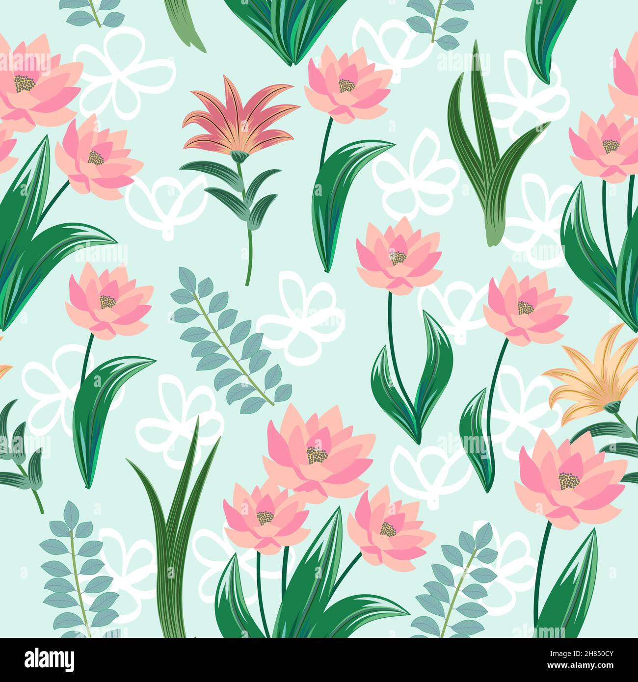 Nahtloses Muster mit rosa Blumen und tropischen Blättern, Vektor-Hintergrund, Pflanzen, botanisches Design für Mode, Stoff, Tapete Stock Vektor