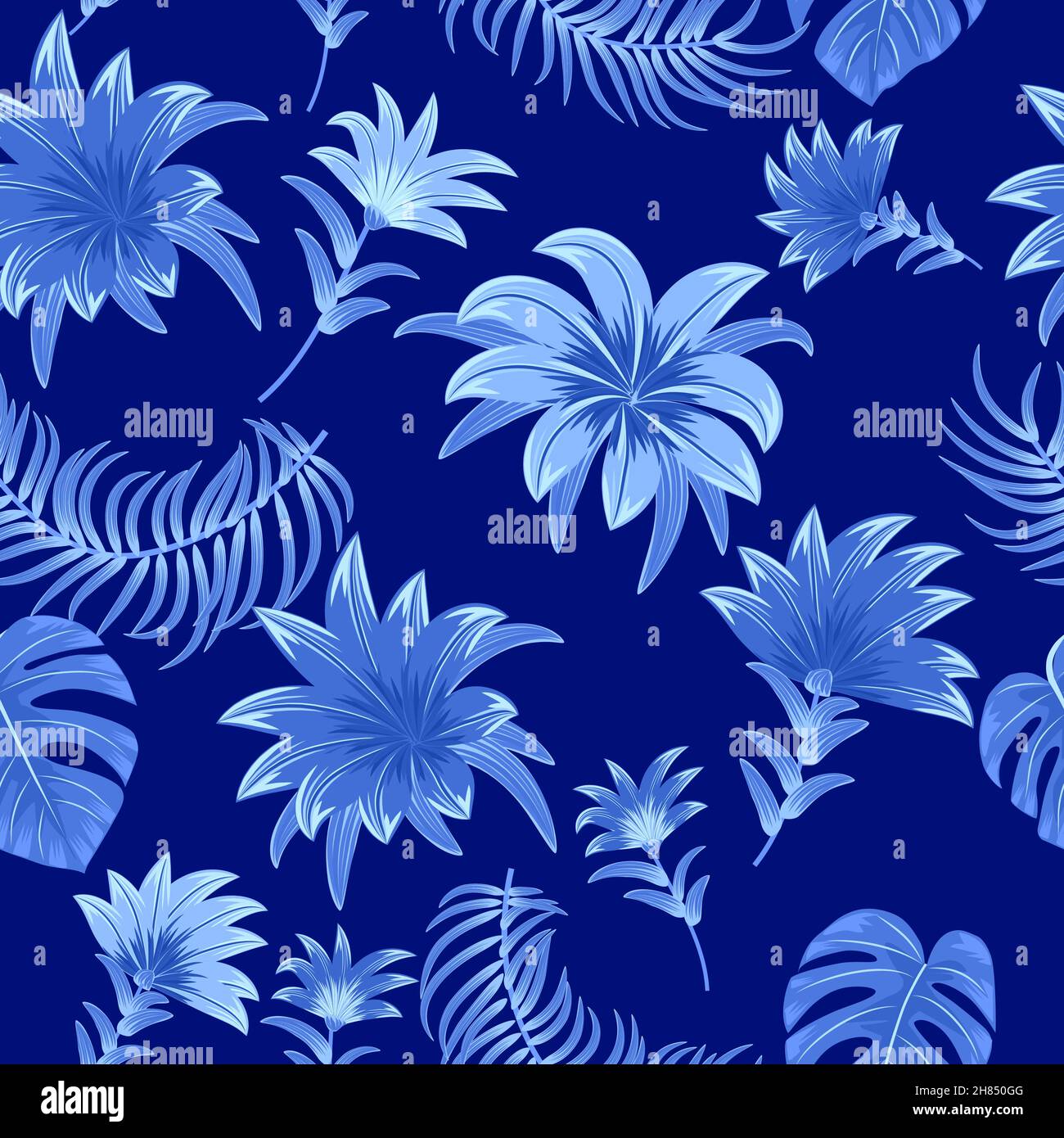 Nahtloses Muster mit blauen tropischen Palmenblättern und Blumen auf dunkelblauem Hintergrund. Florale dekorative Illustration Vektor, für Druck-Design Stock Vektor