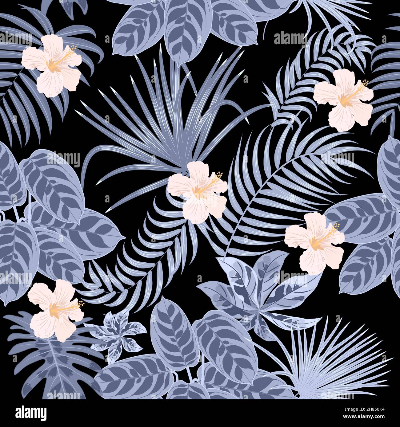 Nahtloses Muster mit silbernen tropischen Palmenblättern und Blumen auf schwarzem Hintergrund. Florale dekorative Illustration Vektor, für Druck-Design Stock Vektor