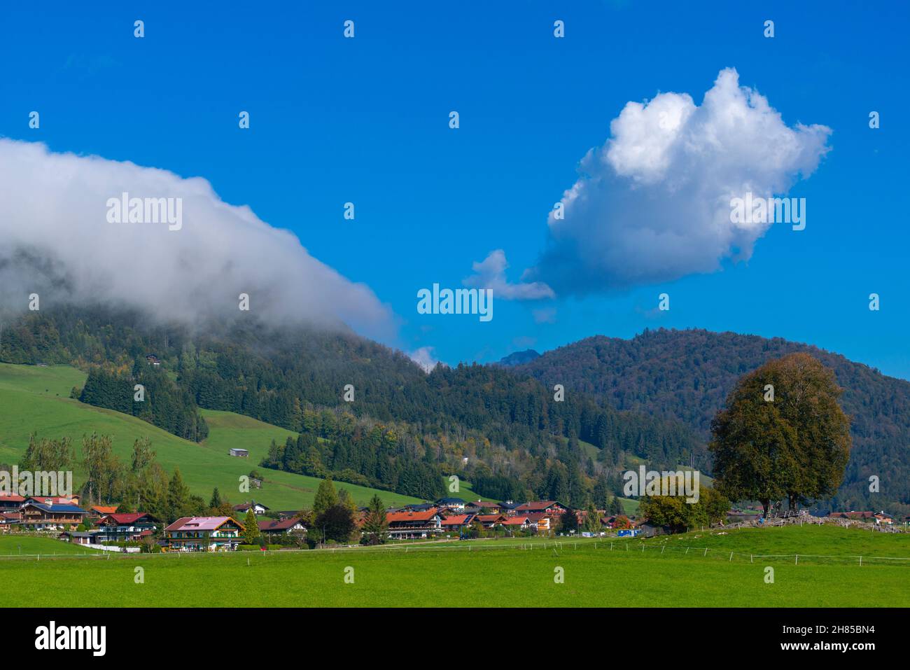 Mädows und Weiden am Stadtrand von Reit, Reit im Winkle, Region Chiemgau, Oberbayern, Süddeutschland, Europa Stockfoto