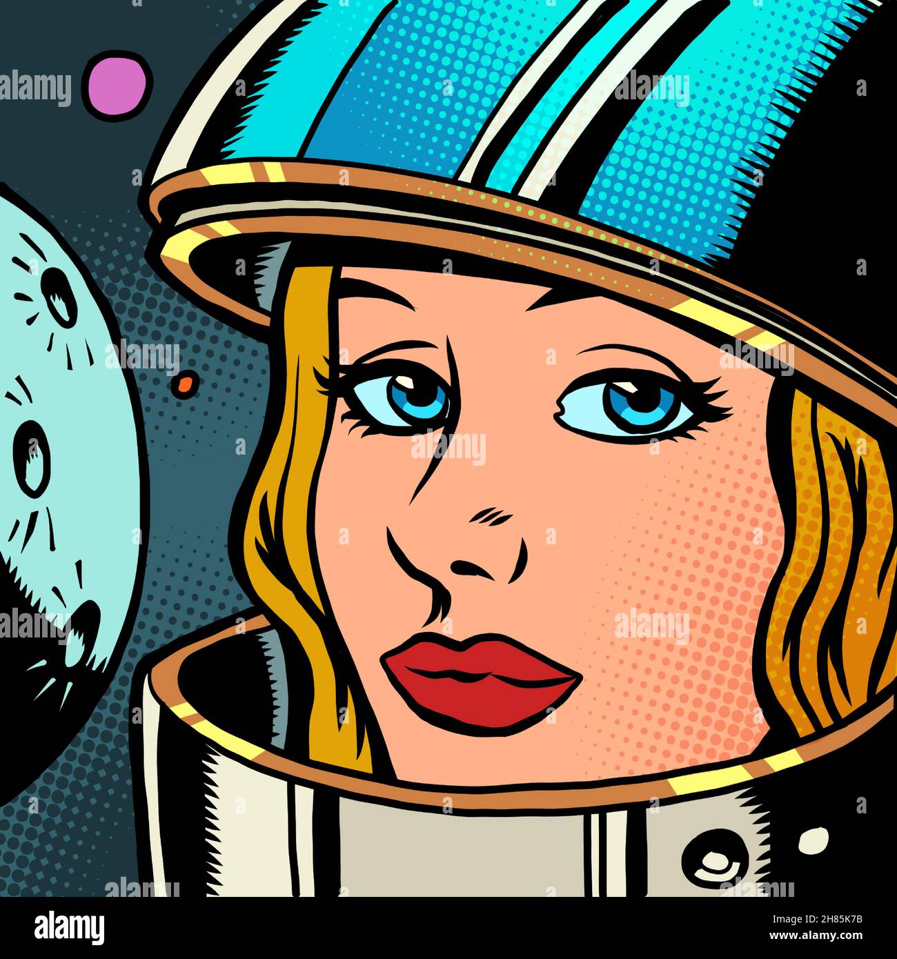 Porträt einer Astronautin auf dem Hintergrund von Planeten. Eine Frau im Weltraum Stock Vektor