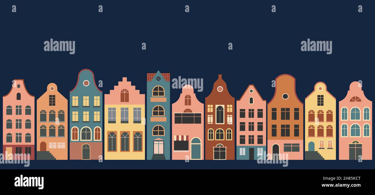 Niederländische Häuser, Amsterdam traditionelle farbenfrohe Häuser, Architekturillustrationen Stock Vektor