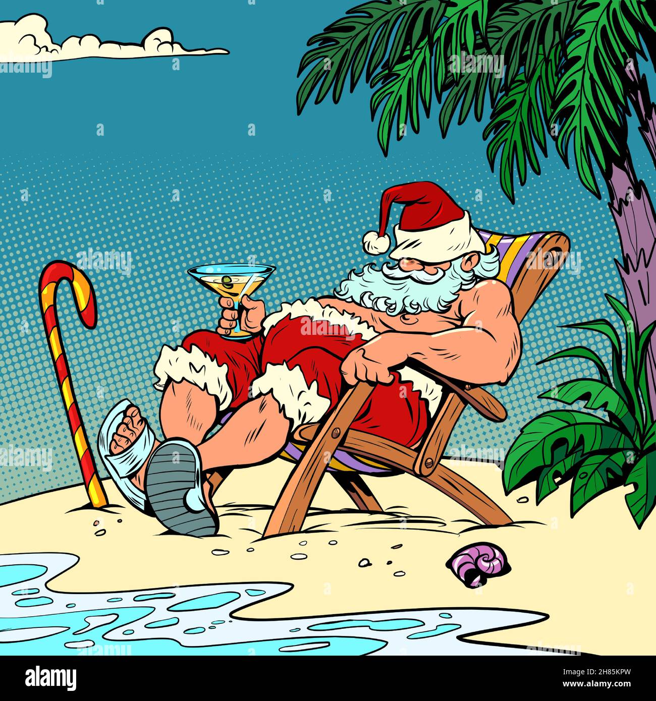 Der Weihnachtsmann ruht in einem Resort am Meer am Strand. Weihnachten und Neujahr. Winterurlaub in der Saison Stock Vektor