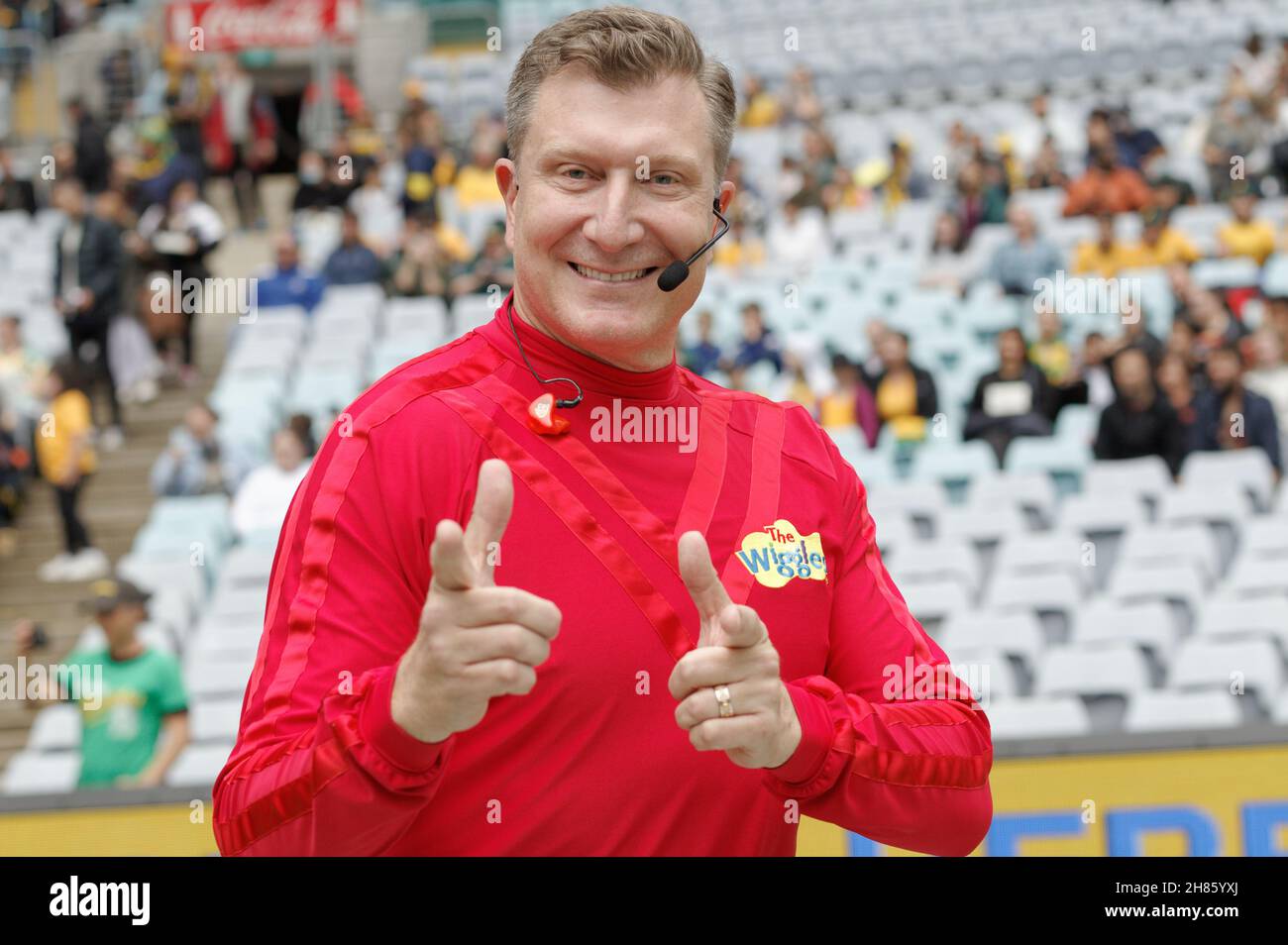 Die Wiggles treten vor dem ersten Spiel der internationalen Freundschaftsserie zwischen den australischen Matildas und der United States of America Women's National Team am 27. November 2021 im Stadium Australia in Sydney, Australien, auf. Stockfoto