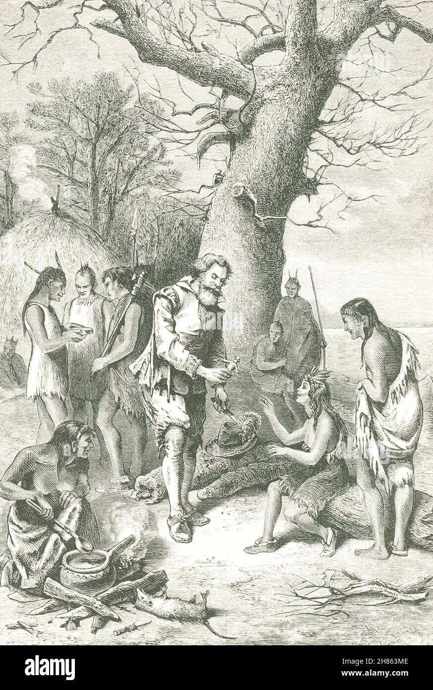 Die Bildunterschrift für diese Illustration von 1890 lautet: Kapitän Smith amüsiert Pocahontas mit Spielzeug. Der englische Kapitän John Smith führte die Kolonisten durch schwierige Zeiten in der Jamestown-Siedlung von 1607. Tradition (nicht authentifiziert) besagt, dass Pocahontas ihn vor dem Tod durch die Hände der Indianer gerettet hat. Pocahontas, c. 1595–1617, war die Tochter des amerikanischen indischen Chefs Powhatan. Stockfoto