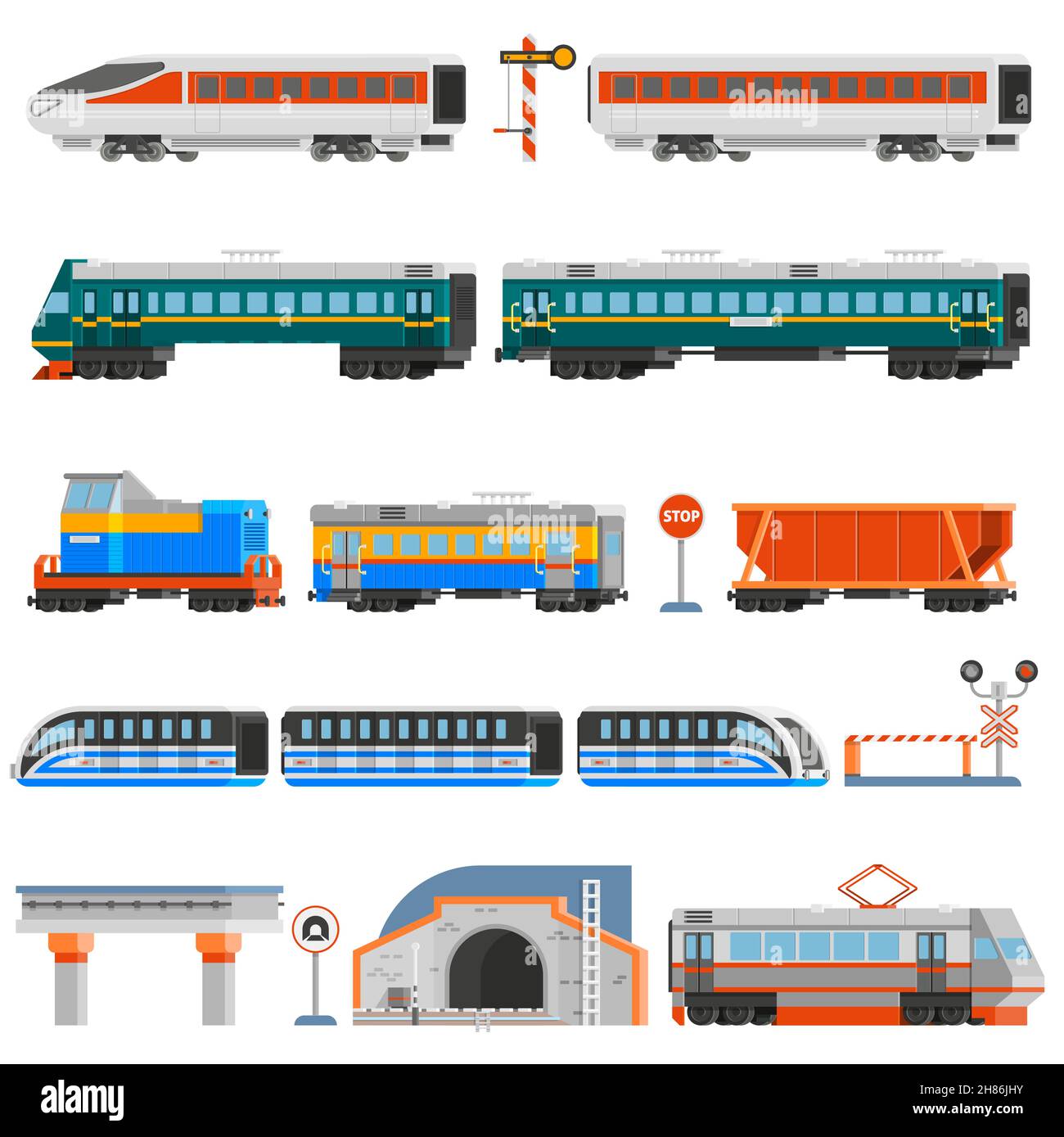 Schienenverkehr flach bunte Symbole Satz von Passagier-und Fracht Waggons Lokomotiven Straßenbahn Tunnel Monorail isoliert Vektor-Illustration Stock Vektor