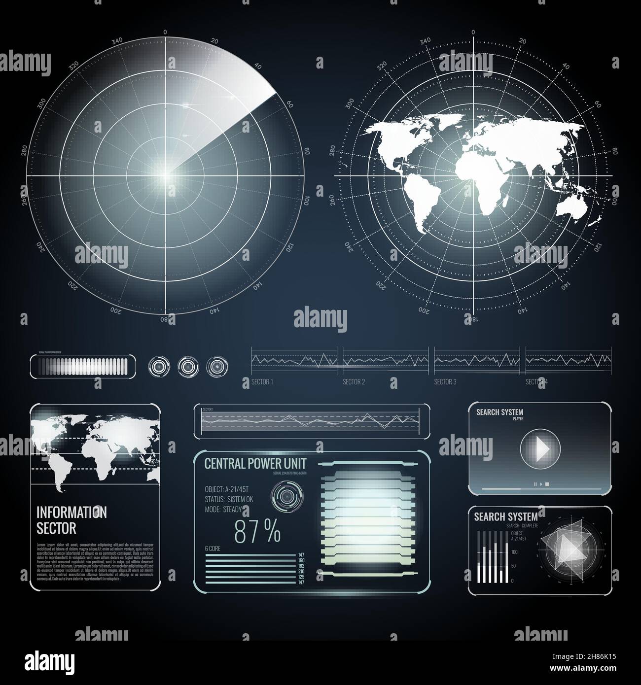 Satz von weißen Bildschirmelementen des Suchradars einschließlich Welt Karte auf schwarzem Hintergrund isolierte Vektordarstellung Stock Vektor