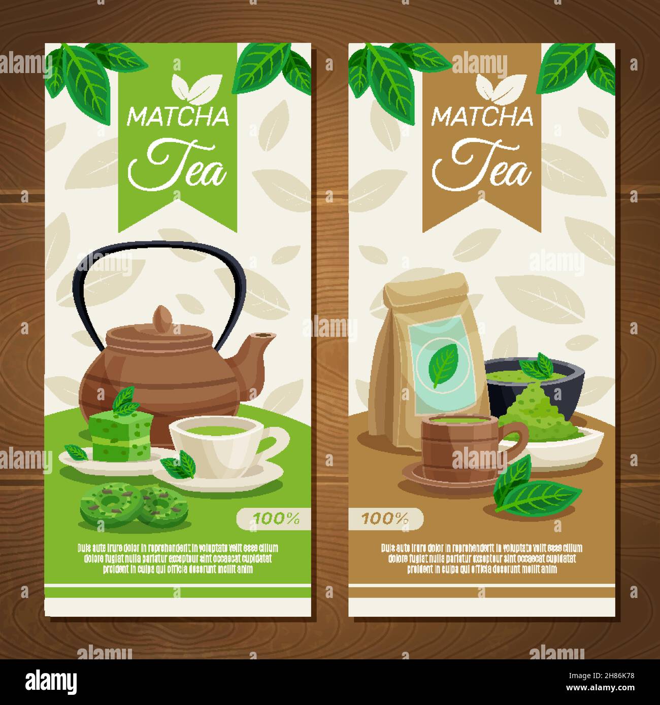 Japanische Teezeremonie 2 vertikale Banner mit grüner Matcha Puder Dessert und Teekanne isoliert Vektor-Illustration Stock Vektor