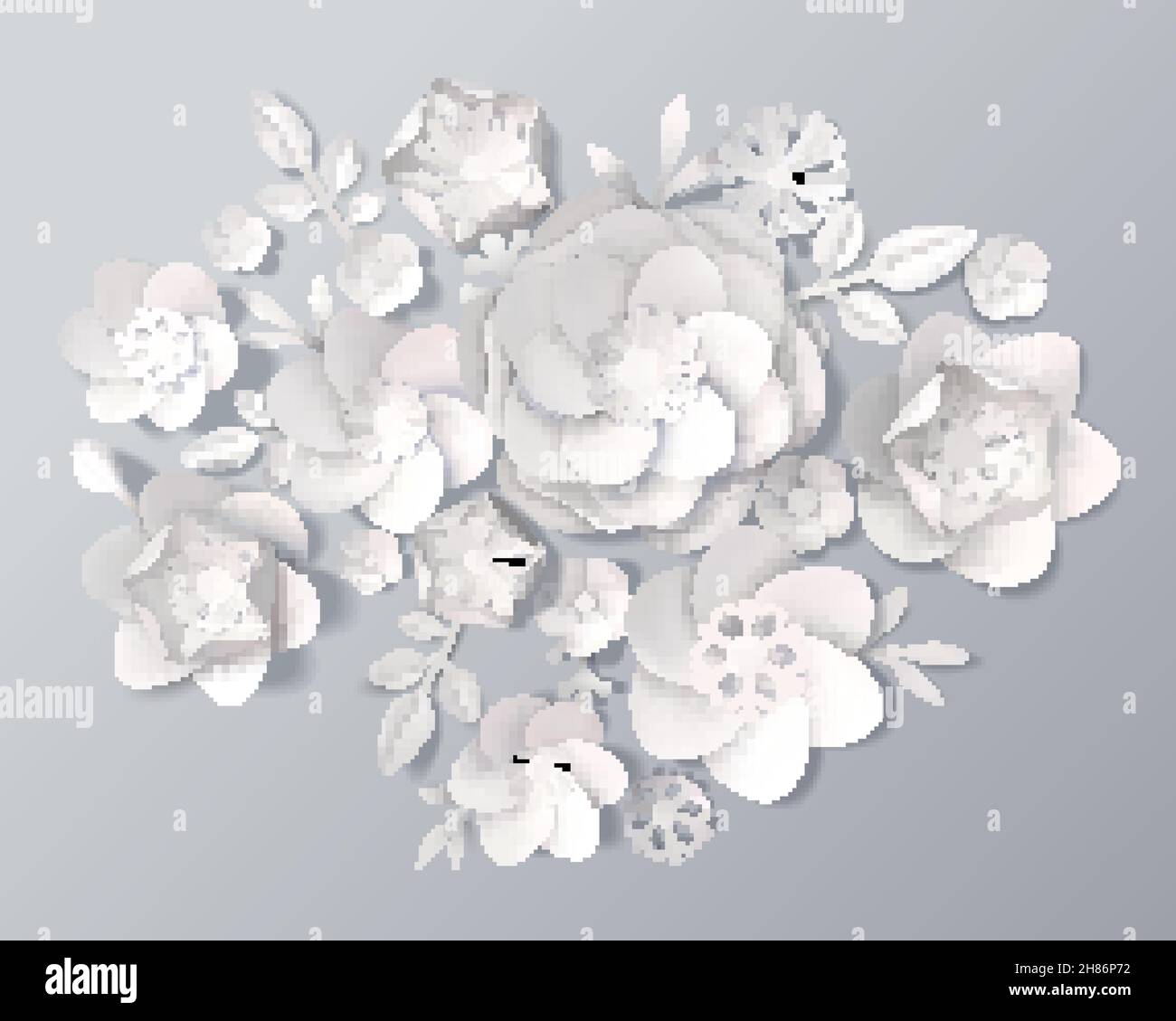 Set von realistischen weißen Papierblumen verschiedener Art mit Blätter auf grauem Hintergrund 3D Vektorgrafik Stock Vektor