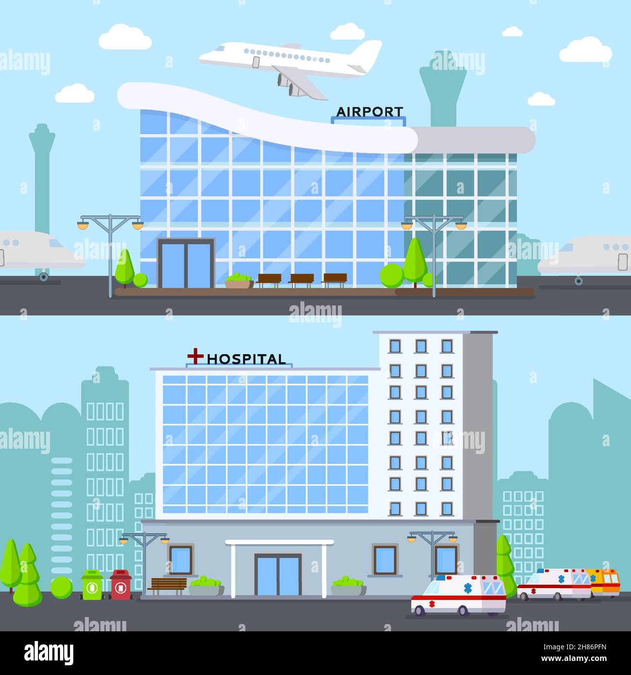 Städtische Gebäude Set aus zwei flachen Kompositionen mit modernem Flughafen Terminal und Krankenhaus städtischen Sehenswürdigkeiten Vektor-Illustration Stock Vektor