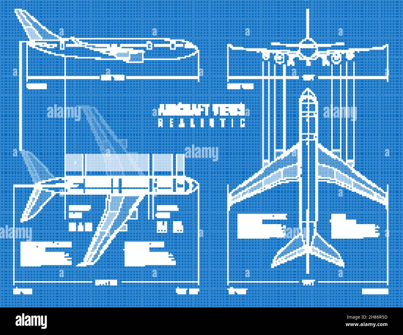 Luftfahrt Industrie dimensionierte Zeichnung Blaupause der Umriss Flugzeug Oberseite Und Frontansicht realistische Vektordarstellung Stock Vektor