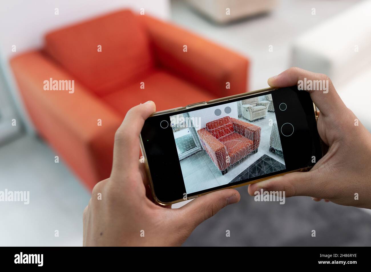 Dekorieren Wohnung mit Augmented Reality Interior Design Software. Hochwertige Fotos Stockfoto