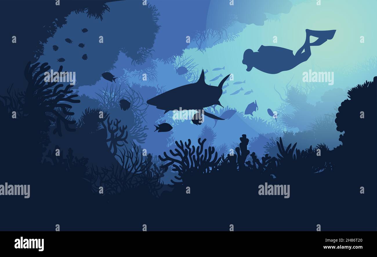 Meeresunterwasser Flora und Fauna Hintergrund mit schwimmenden Taucher Hai Fische und Algen Vektorgrafik Stock Vektor
