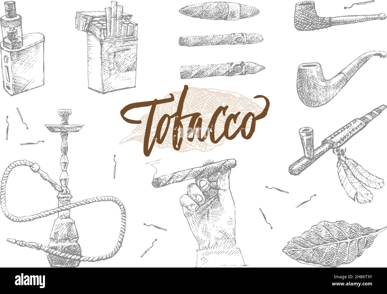Handgezeichnete Tabakelemente Set mit Vape Zigarettenpackung cuban Zigarren Shisha und rauchenden Pfeifen isoliert Vektor-Illustration Stock Vektor