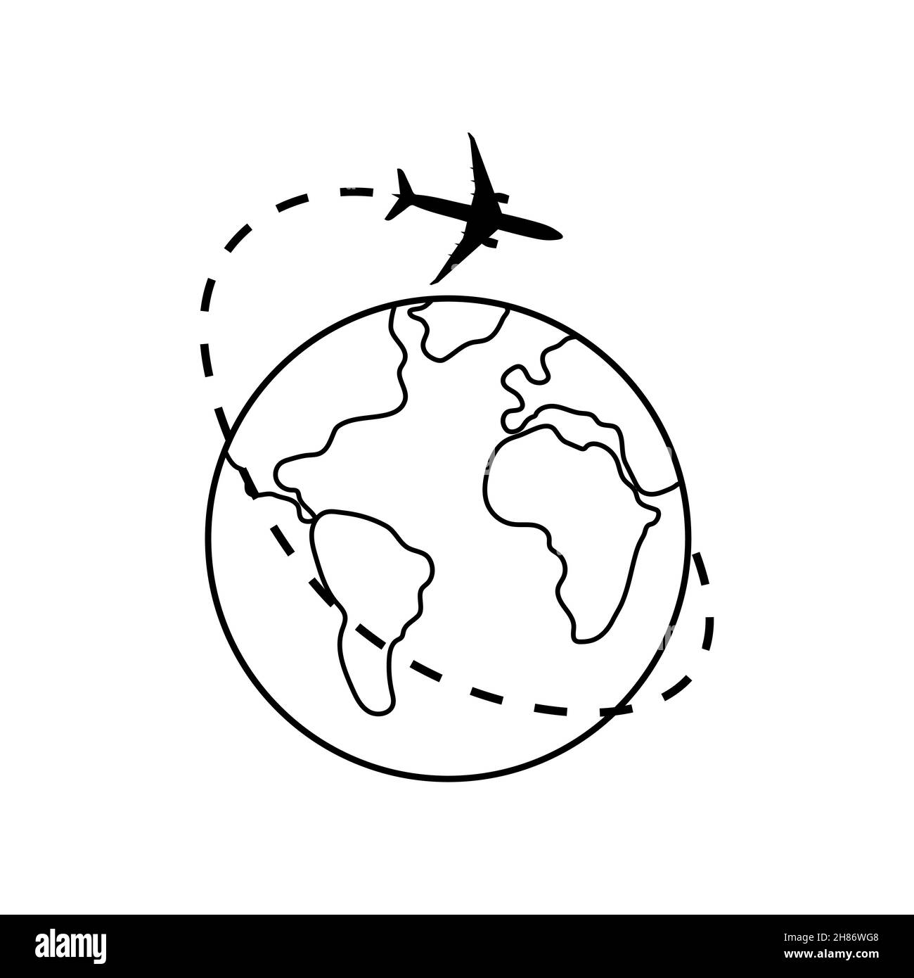 Gepunktete Linie der Flugstrecke um den Planeten Erde. Tourismus und Reisen. Vektorgrafik. Stock Vektor