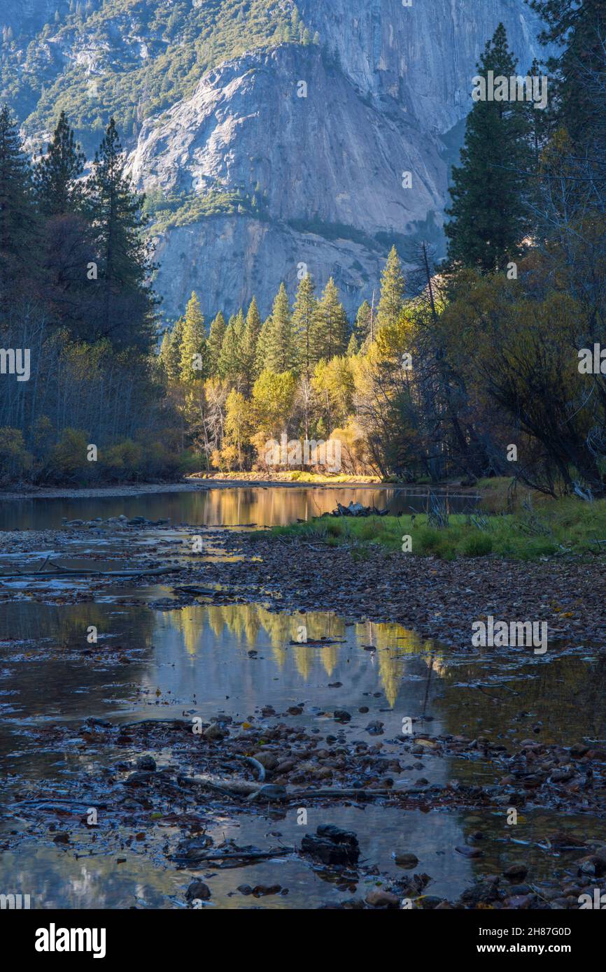 Yosemite-Nationalpark, Kalifornien, USA. Blick auf den ruhigen Merced River in der Nähe von Yosemite Village, herbstliche, hohe Granitklippen, die sich über dem Hotel erheben. Stockfoto