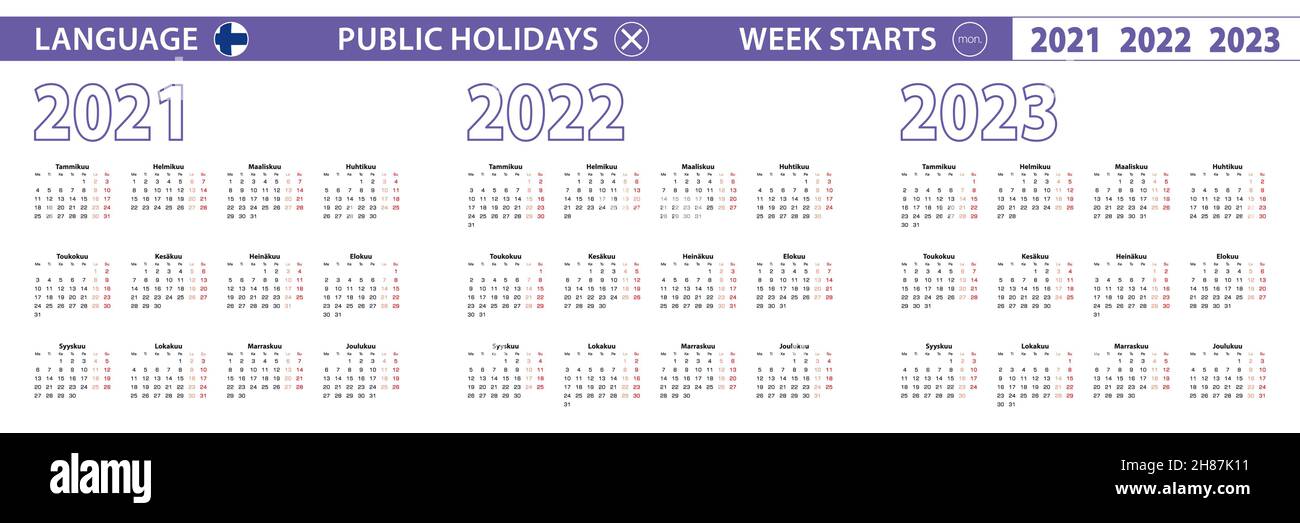 Einfache Kalendervorlage auf Finnisch für 2021, 2022, 2023 Jahre. Die Woche beginnt ab Montag. Vektorgrafik. Stock Vektor
