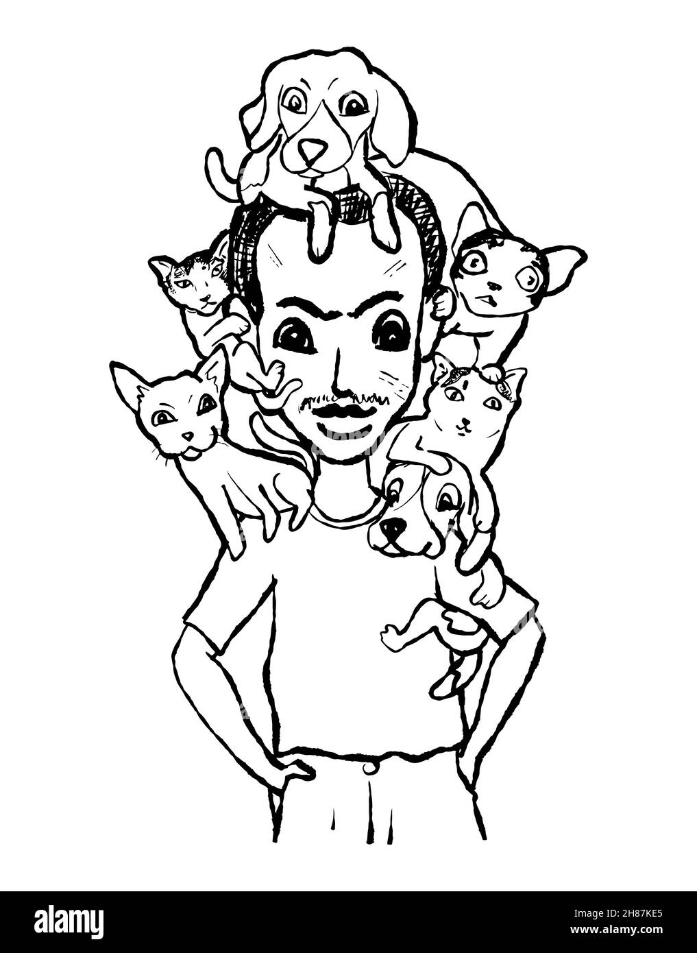 Ein Mann trägt Hunde und Katzen auf Schulter und Kopf, Vektorgrafik. Stock Vektor