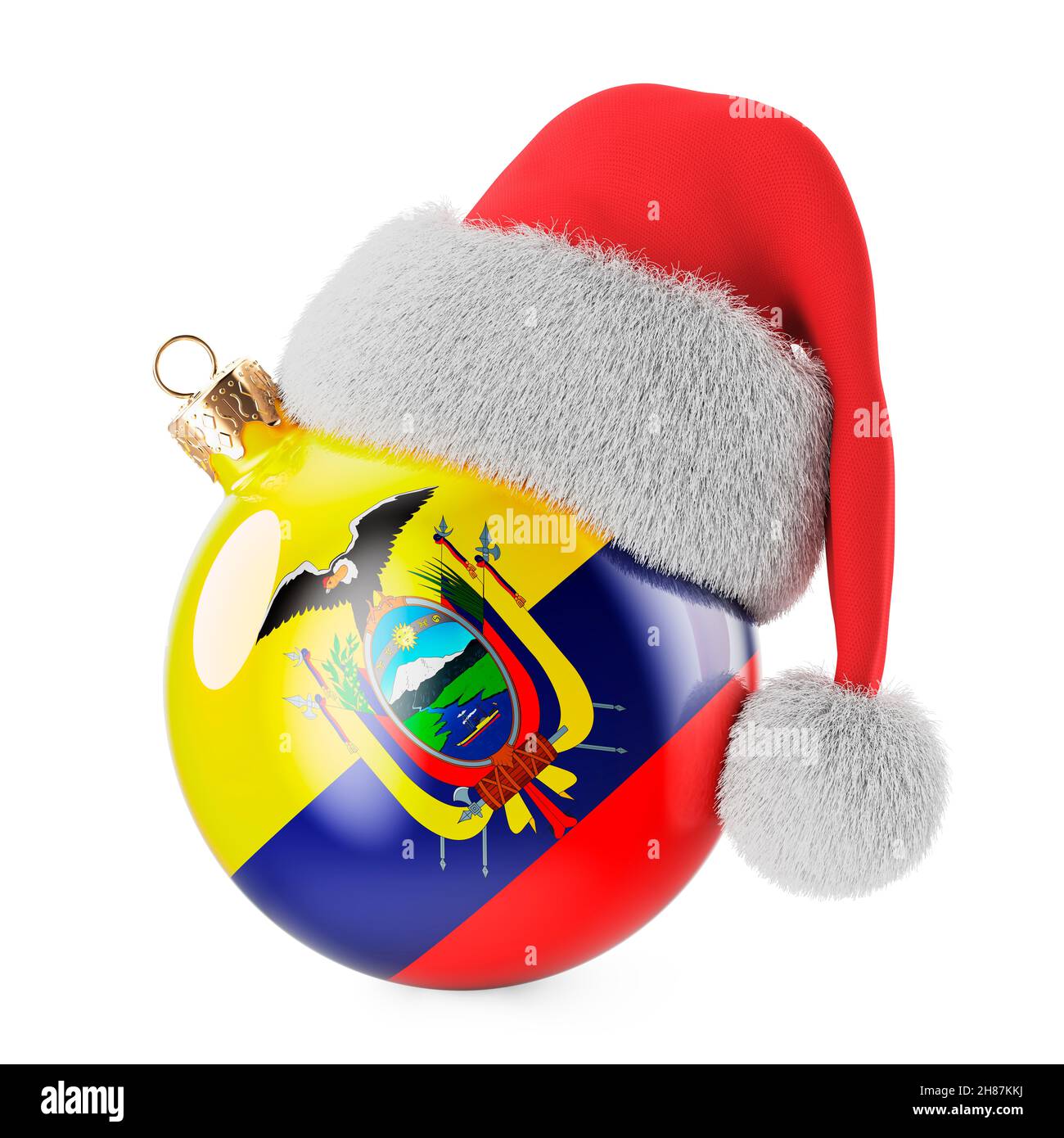 Weihnachtsball mit ecuadorianischer Flagge und Weihnachtsmannhut. Weihnachten und Neujahr in Ecuador, Konzept. 3D Darstellung isoliert auf weißem Hintergrund Stockfoto