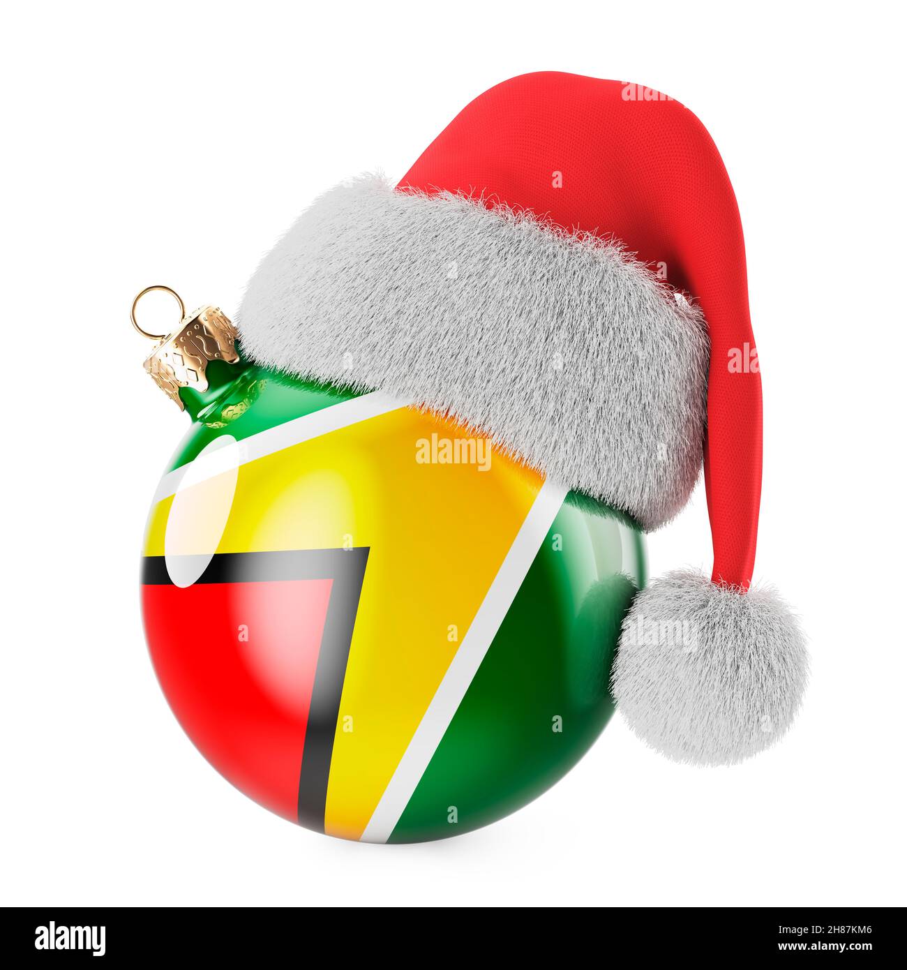 Weihnachtsball mit guyanischer Flagge und Weihnachtsmannhut. Weihnachten und Neujahr in Gayana, Konzept. 3D Darstellung isoliert auf weißem Hintergrund Stockfoto